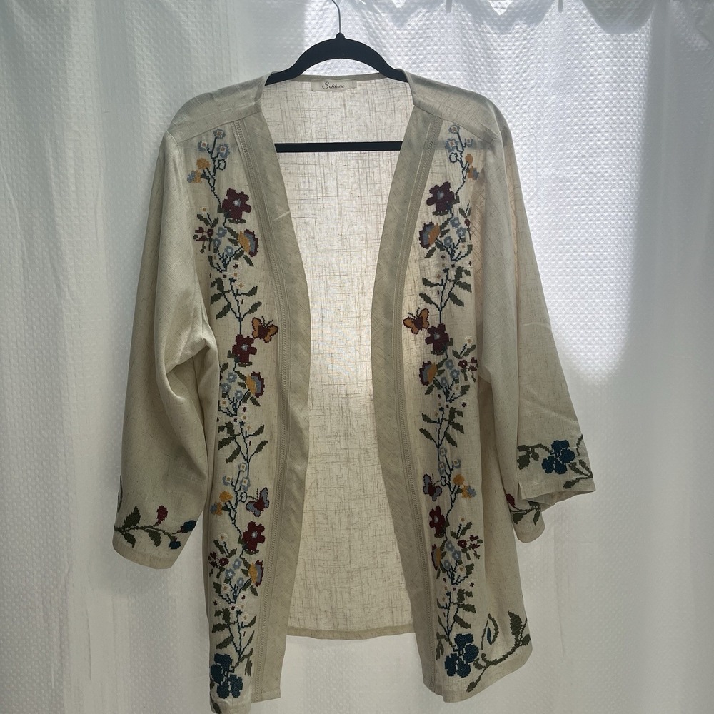 Solitaire Linen Blend Woven Beige Floral Cross Stitch Kimono Bell sleeve XL